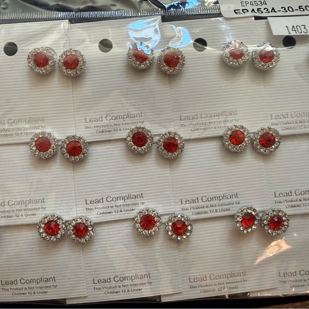 Elegant Red and Silver Stud Earrings 12 pairs NEW